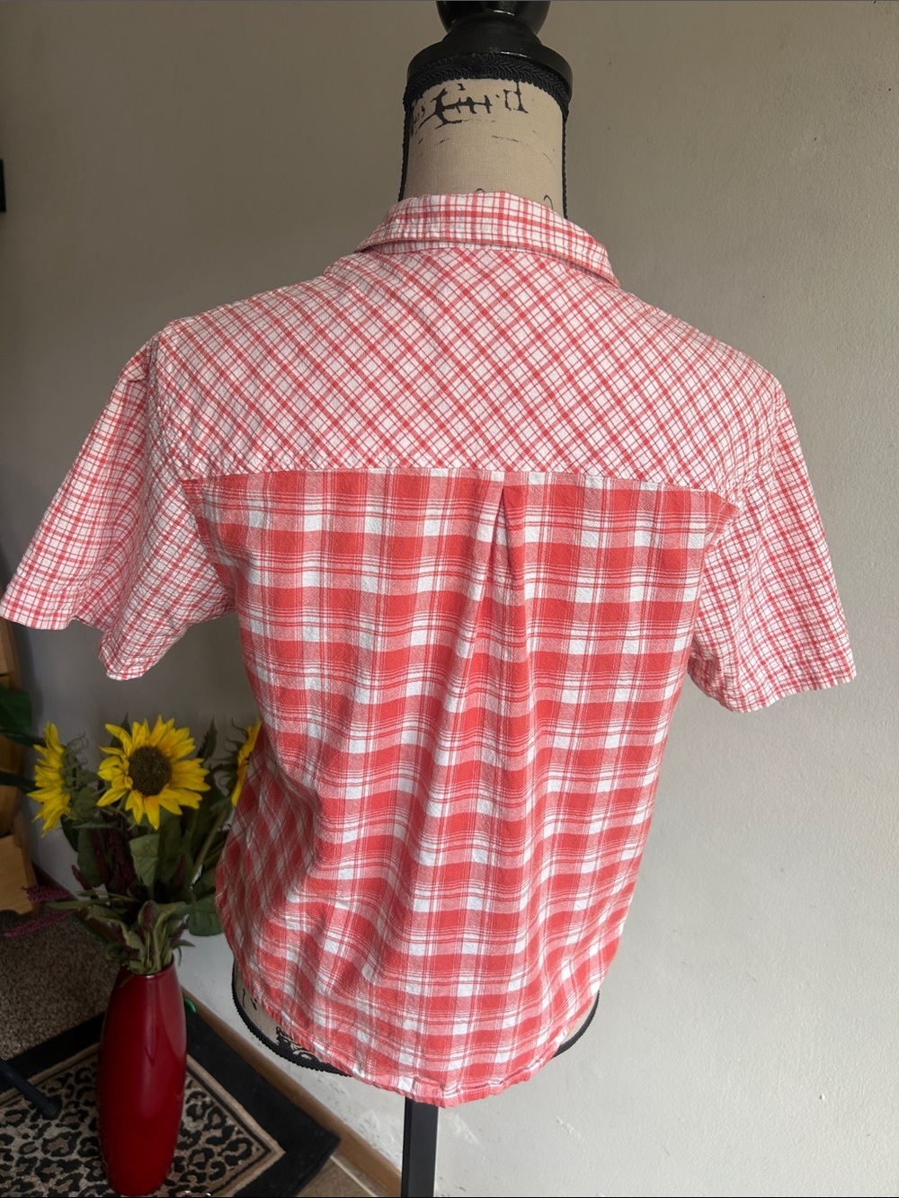 Penfield Short Sleeve Plaid Button Down Orange White Top Size Small - Picture 6 of 9
